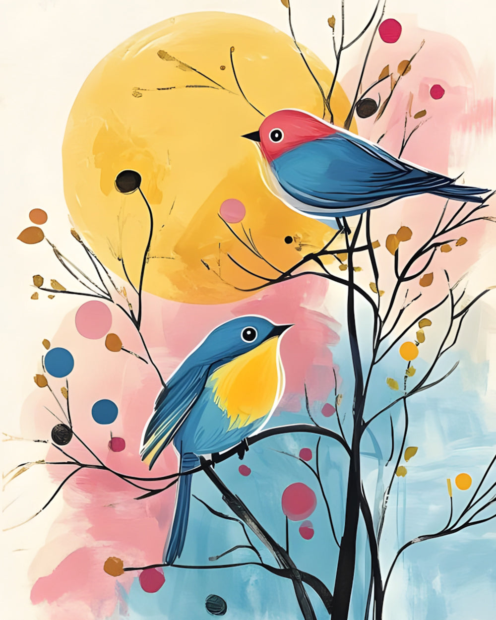 Colorful birds on bare branches cross stitch kit for beginners