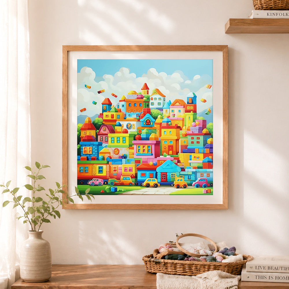 Finished colorful block town cross stitch artwork displayed as home decor