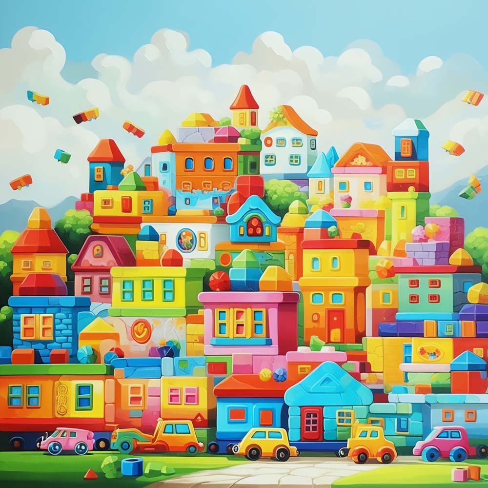 Colorful block town cross stitch kit for beginners
