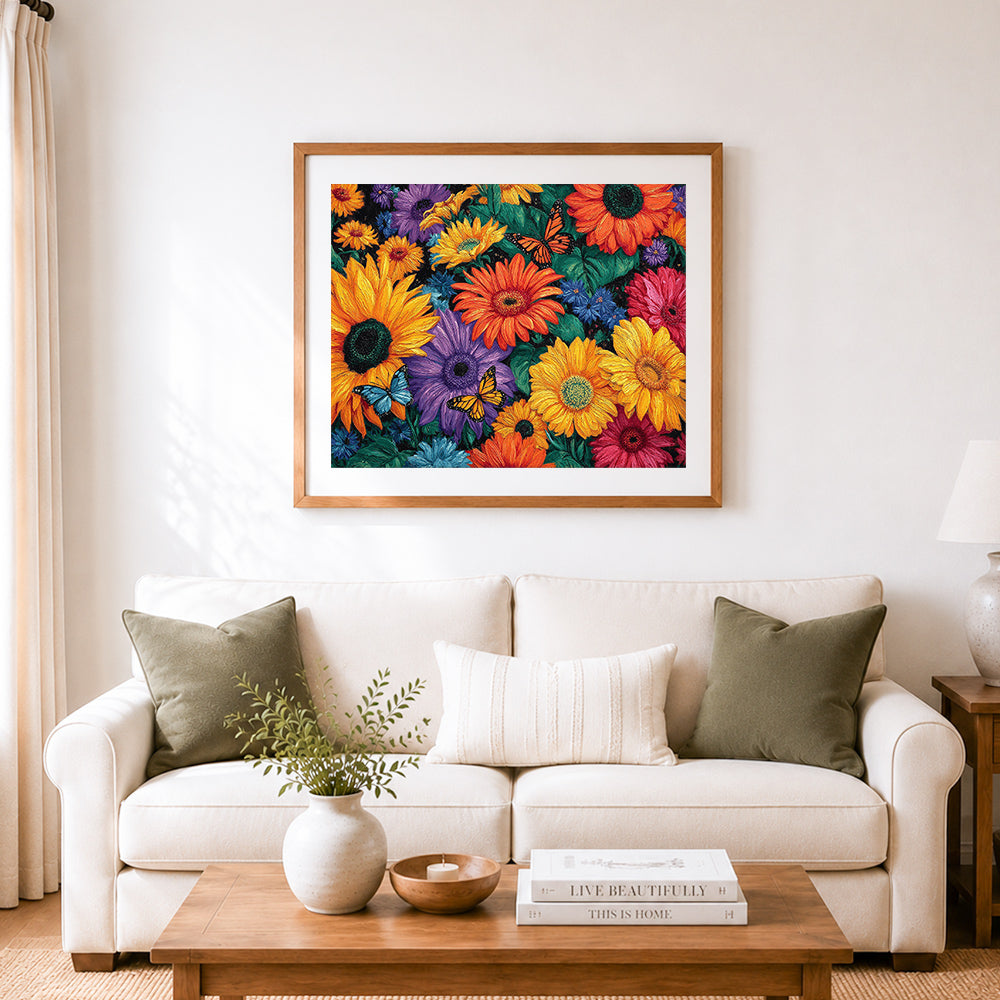 Finished colorful blooms with butterflies cross stitch artwork displayed as home decor