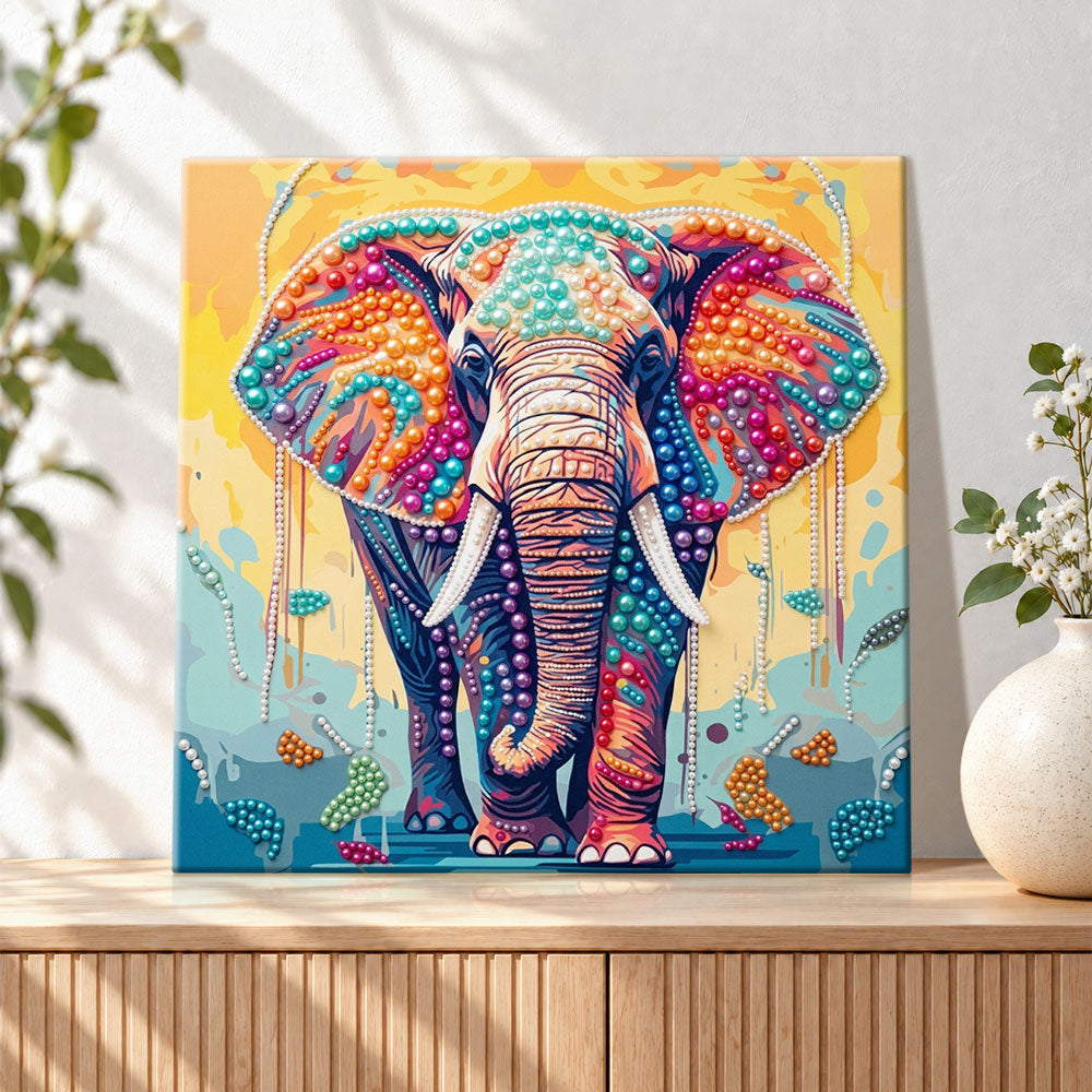 Finished colorful bohemian elephant pearl diamond painting artwork displayed as holiday home decor