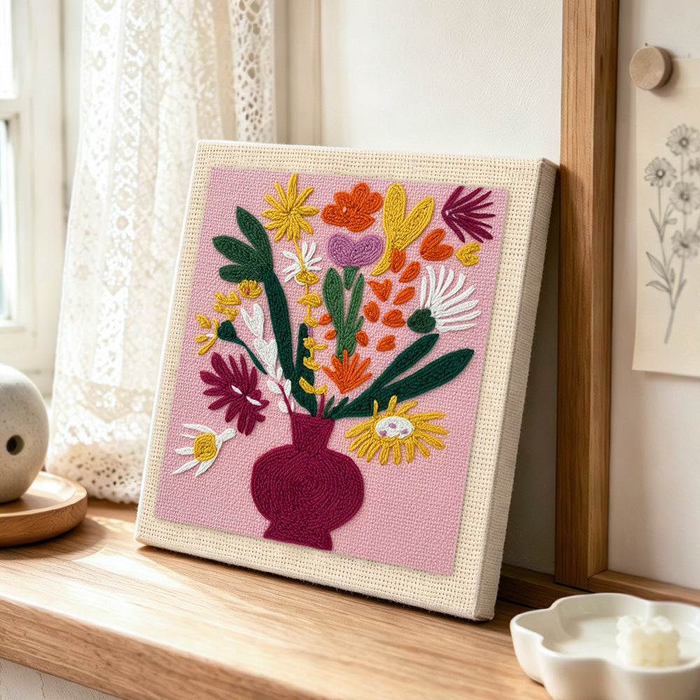 Colorful bouquet in burgundy vase punch needle artwork displayed on a table