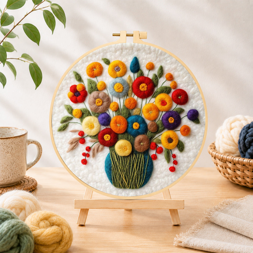 Finished colorful bouquet with berries needle felting displayed on a wooden easel