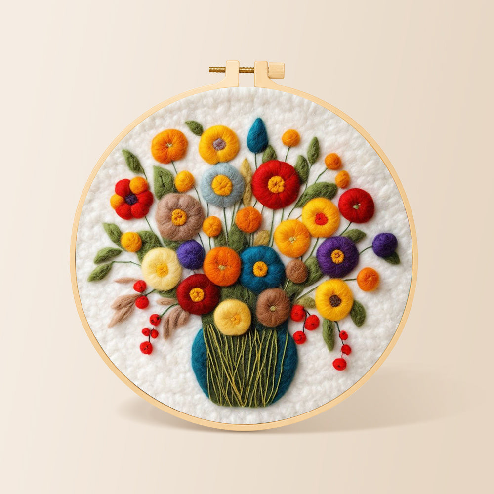 Colorful bouquet with berries needle felting kit for beginners with a round wooden frame