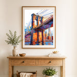 Finished colorful brooklyn bridge cross stitch artwork displayed as home decor