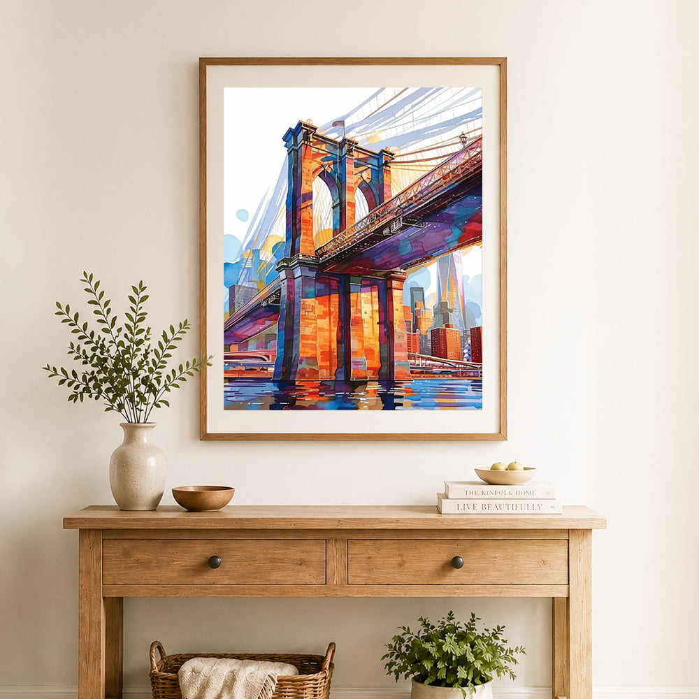 Finished colorful brooklyn bridge cross stitch artwork displayed as home decor