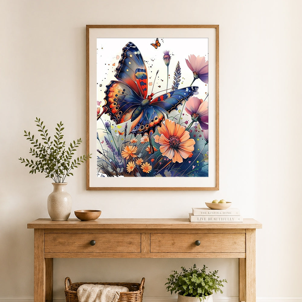 Finished colorful butterfly on wildflowers cross stitch artwork displayed as home decor
