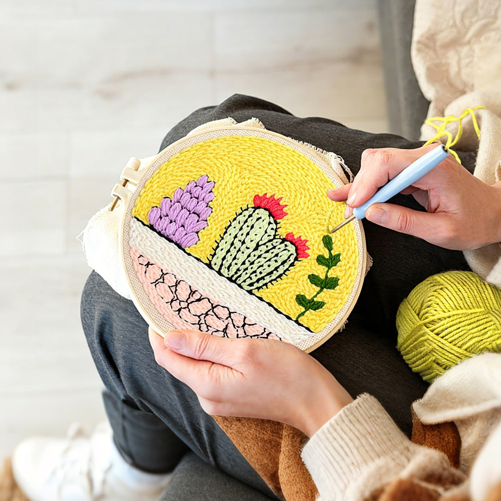 Creating handmade colorful cacti garden punch needle artwork