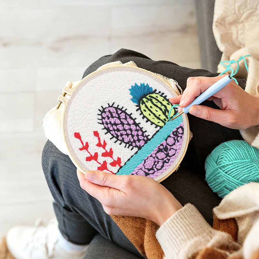 Creating handmade colorful cactus trio punch needle artwork