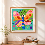 Finished colorful cartoon butterfly cross stitch artwork displayed as home decor