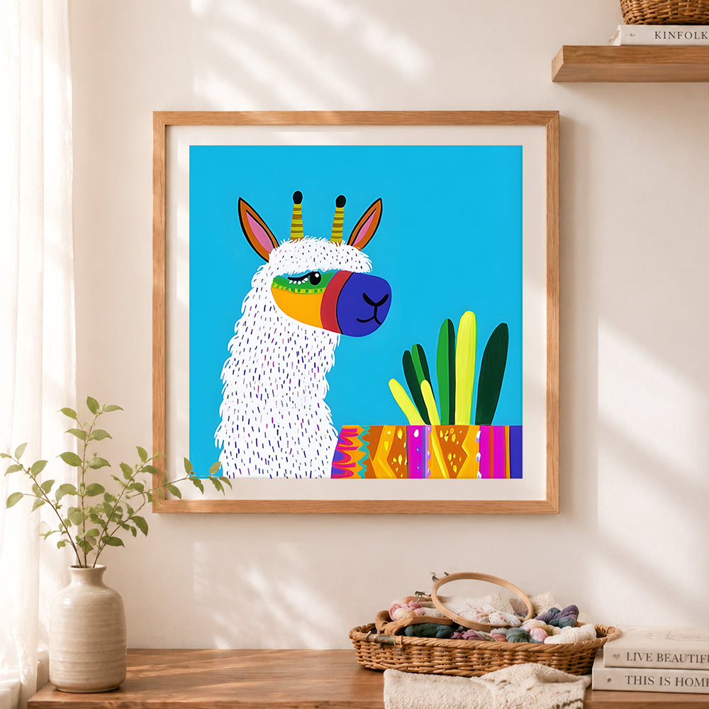 Finished colorful cartoon llama art cross stitch artwork displayed as home decor