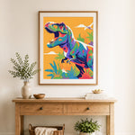 Finished colorful cartoon t-rex dinosaur cross stitch artwork displayed as home decor