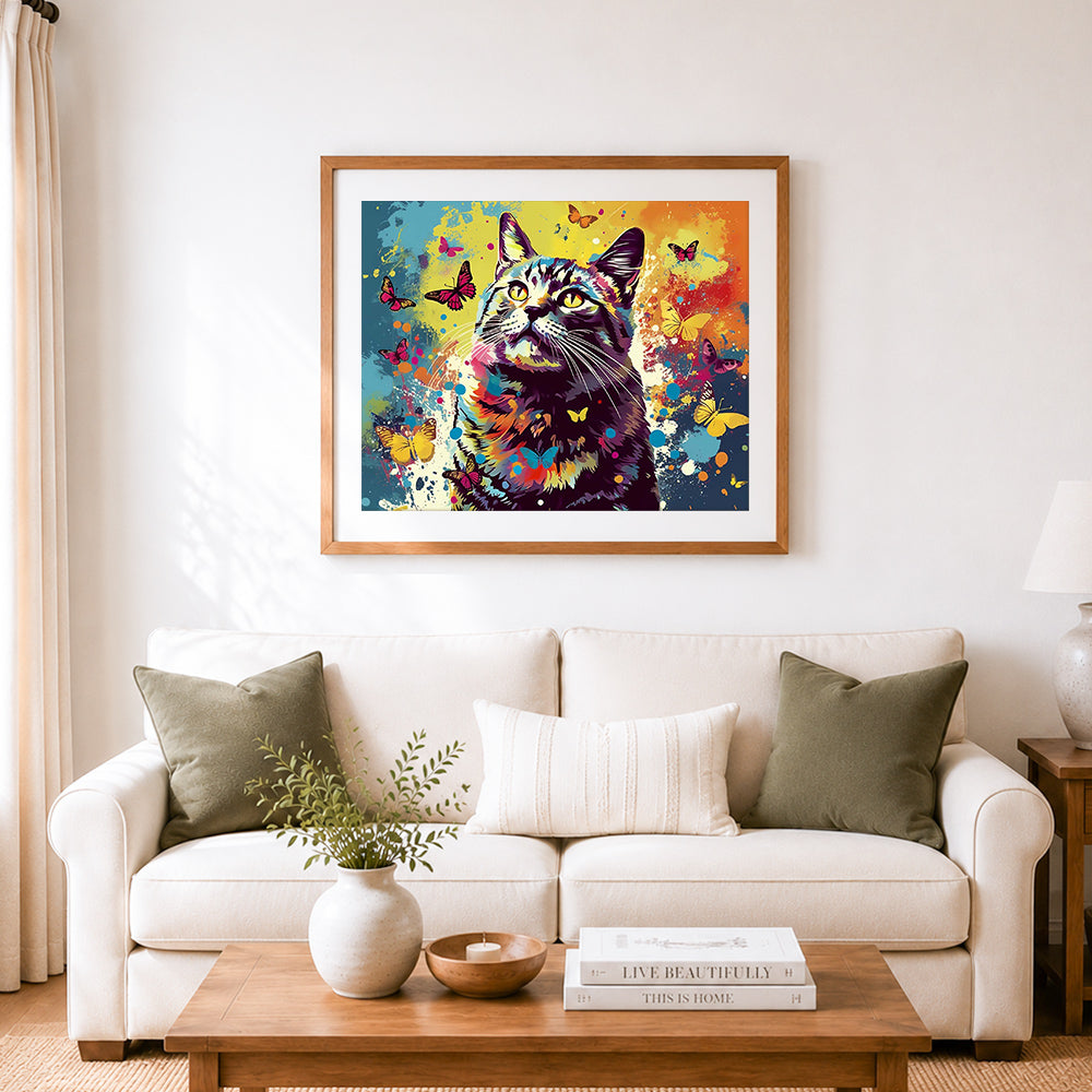 Finished colorful cat with butterflies cross stitch artwork displayed as home decor