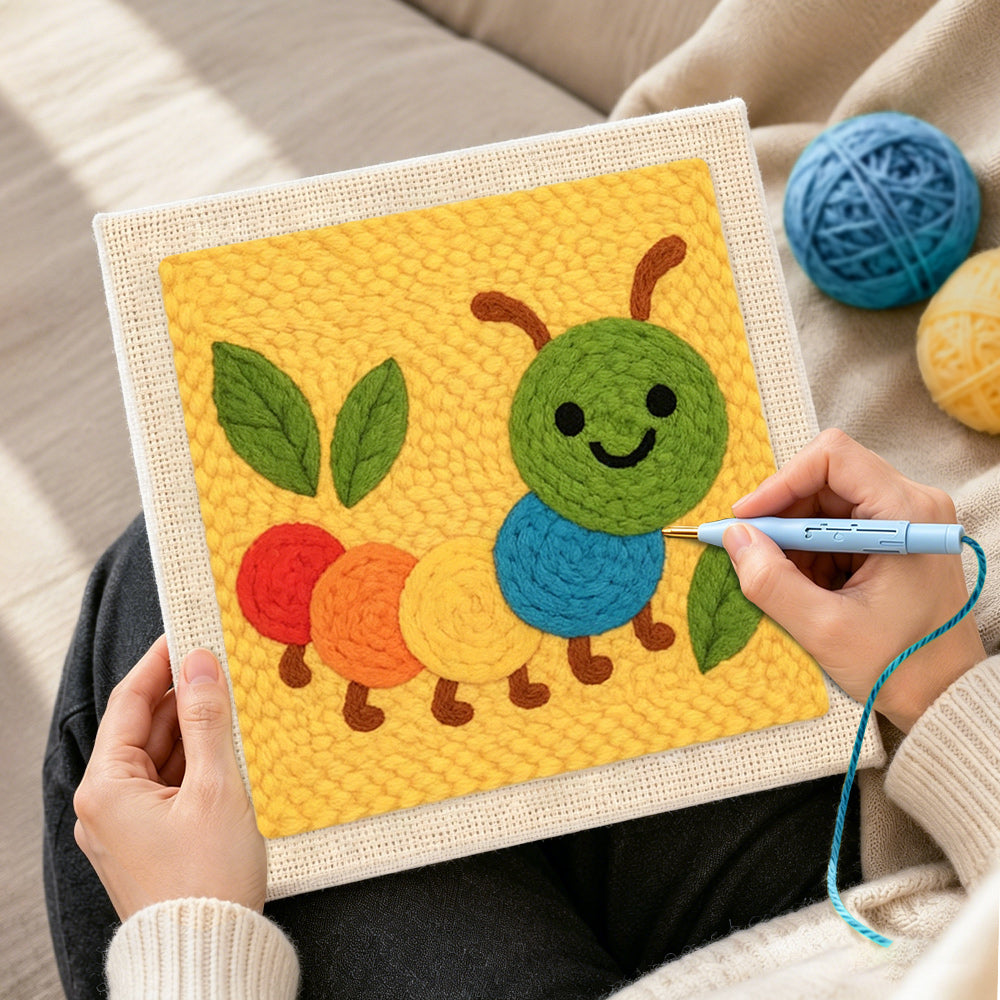 Creating handmade colorful caterpillar punch needle artwork