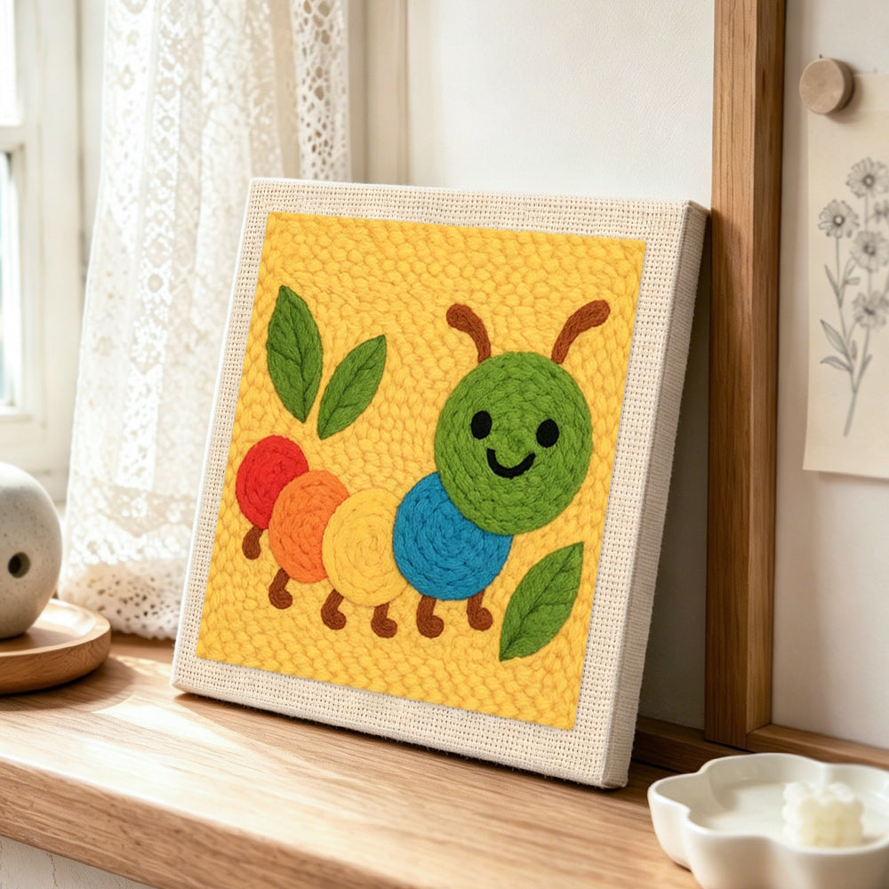Colorful caterpillar punch needle artwork displayed on a table