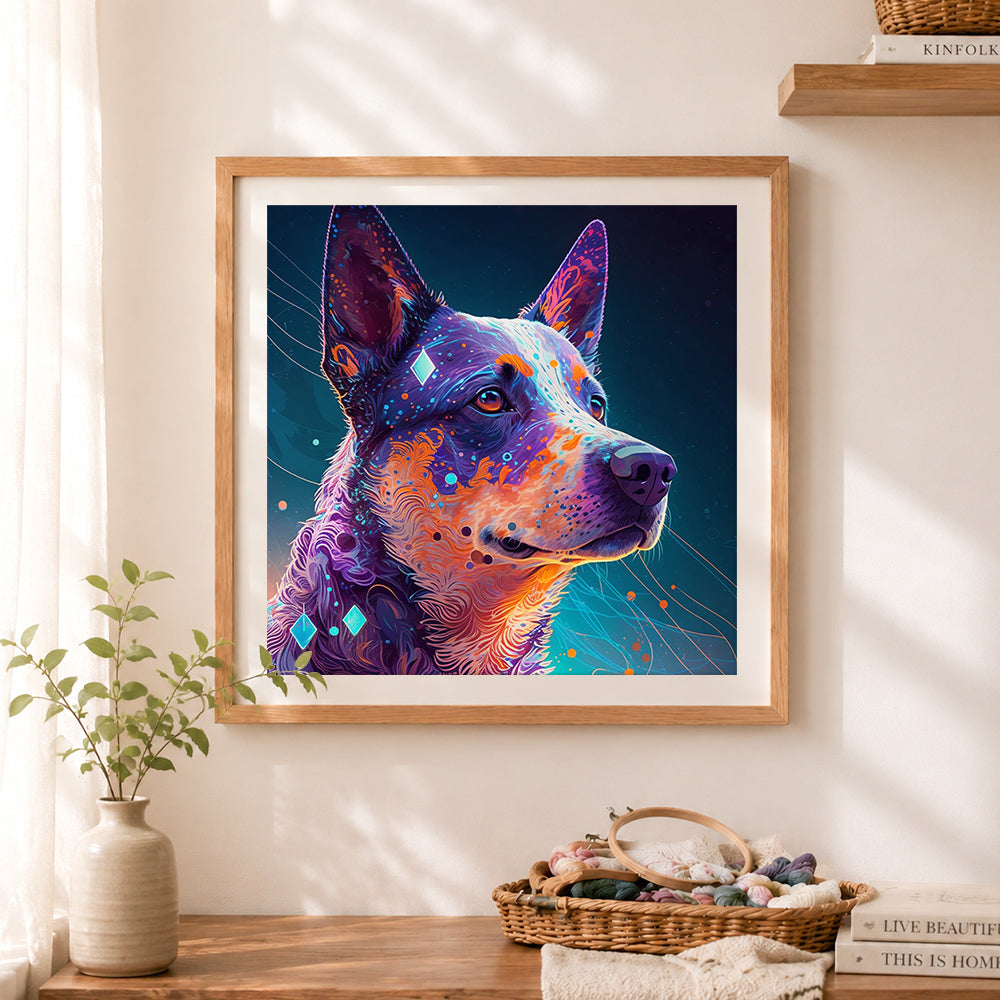Finished colorful cattle dog cross stitch artwork displayed as home decor