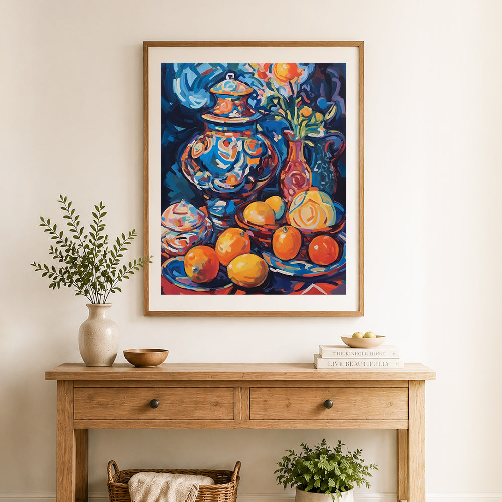 Finished colorful ceramic citrus art cross stitch artwork displayed as home decor
