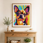 Finished colorful chihuahua cross stitch artwork displayed as home decor