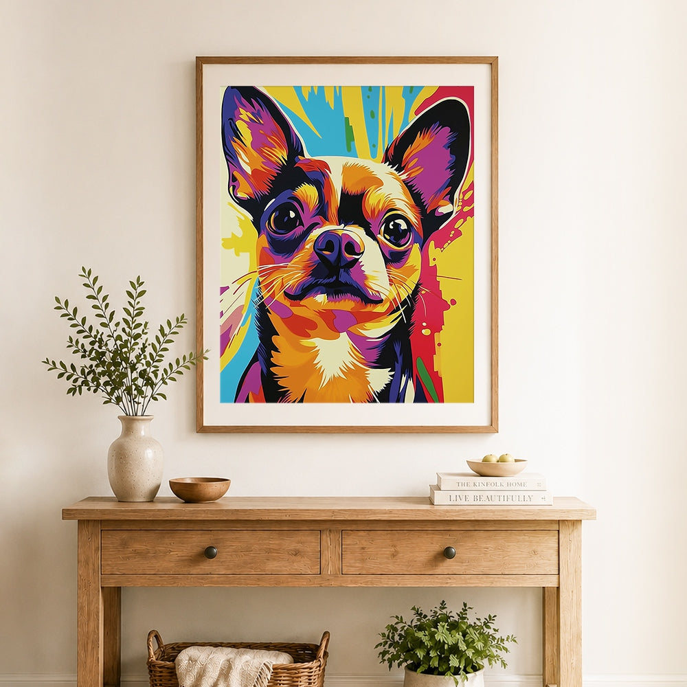 Finished colorful chihuahua cross stitch artwork displayed as home decor