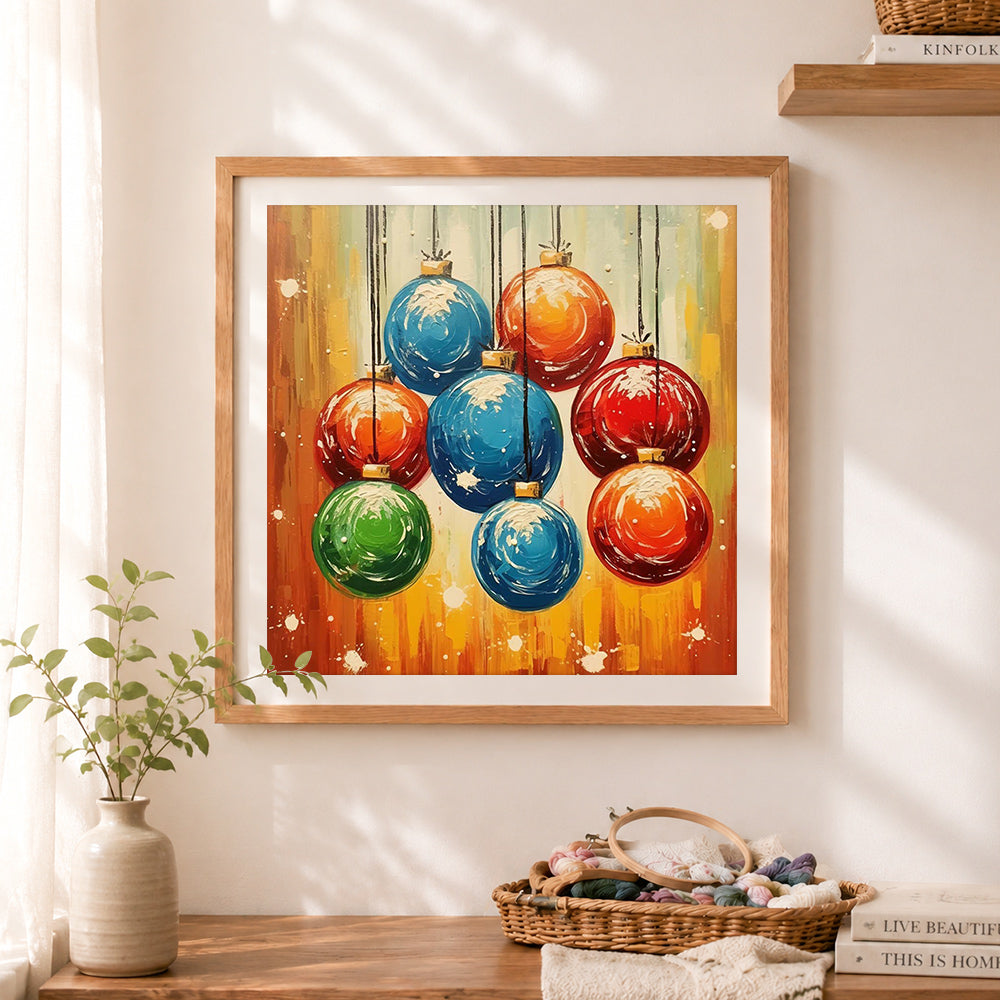 Finished colorful christmas baubles cross stitch artwork displayed as home decor