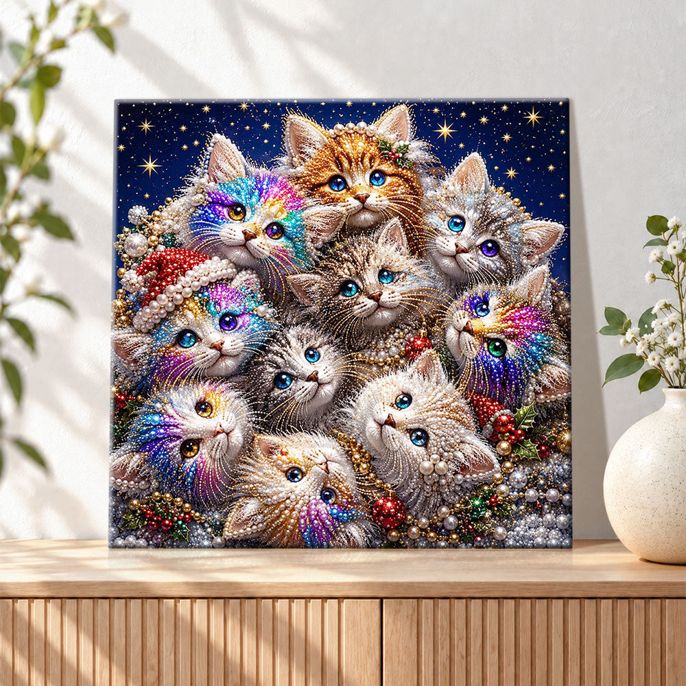 Finished colorful christmas kitty cluster pearl diamond painting artwork displayed as holiday home decor