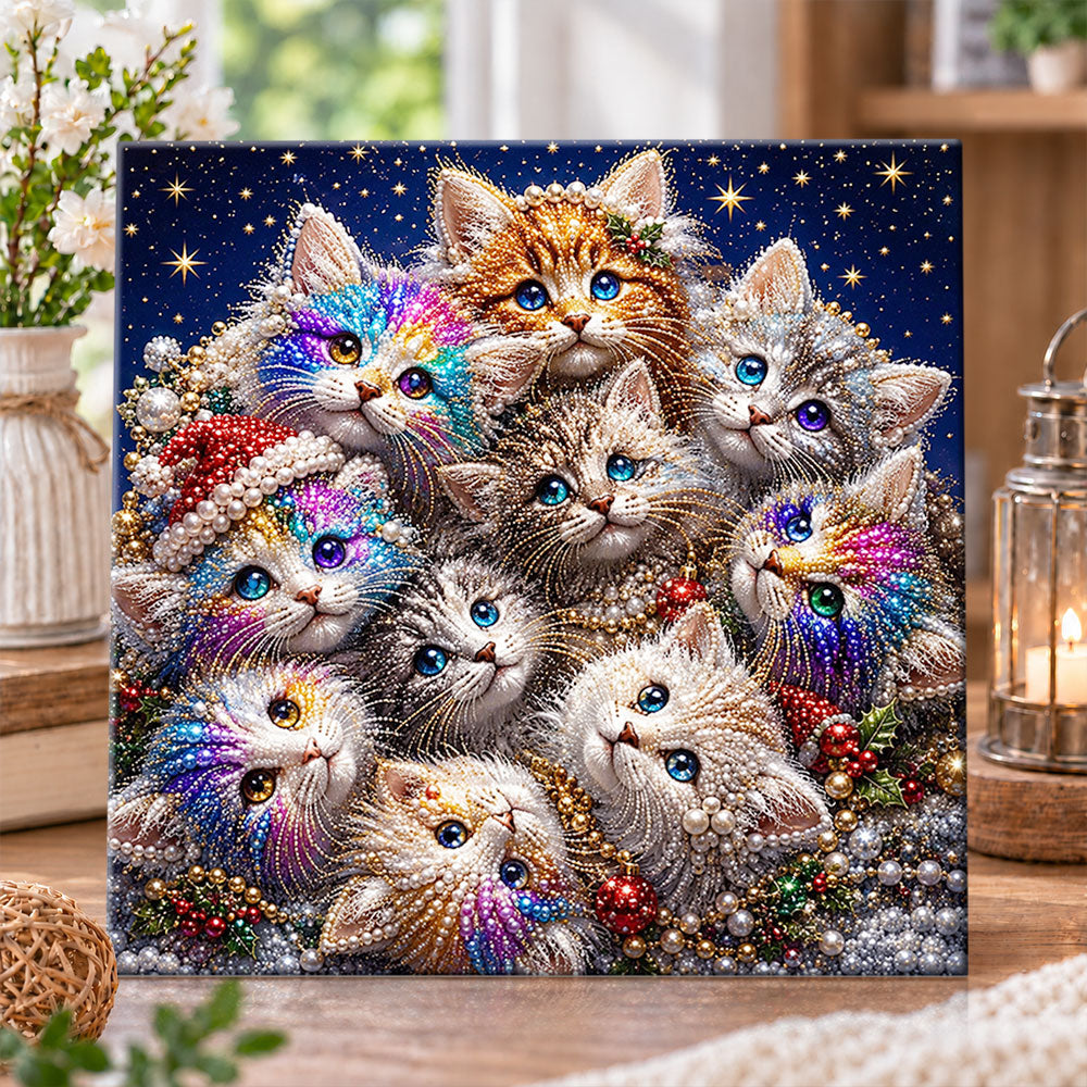 Colorful christmas kitty cluster pearl diamond painting kit for beginners