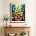 Finished colorful christmas tree cross stitch artwork displayed as home decor
