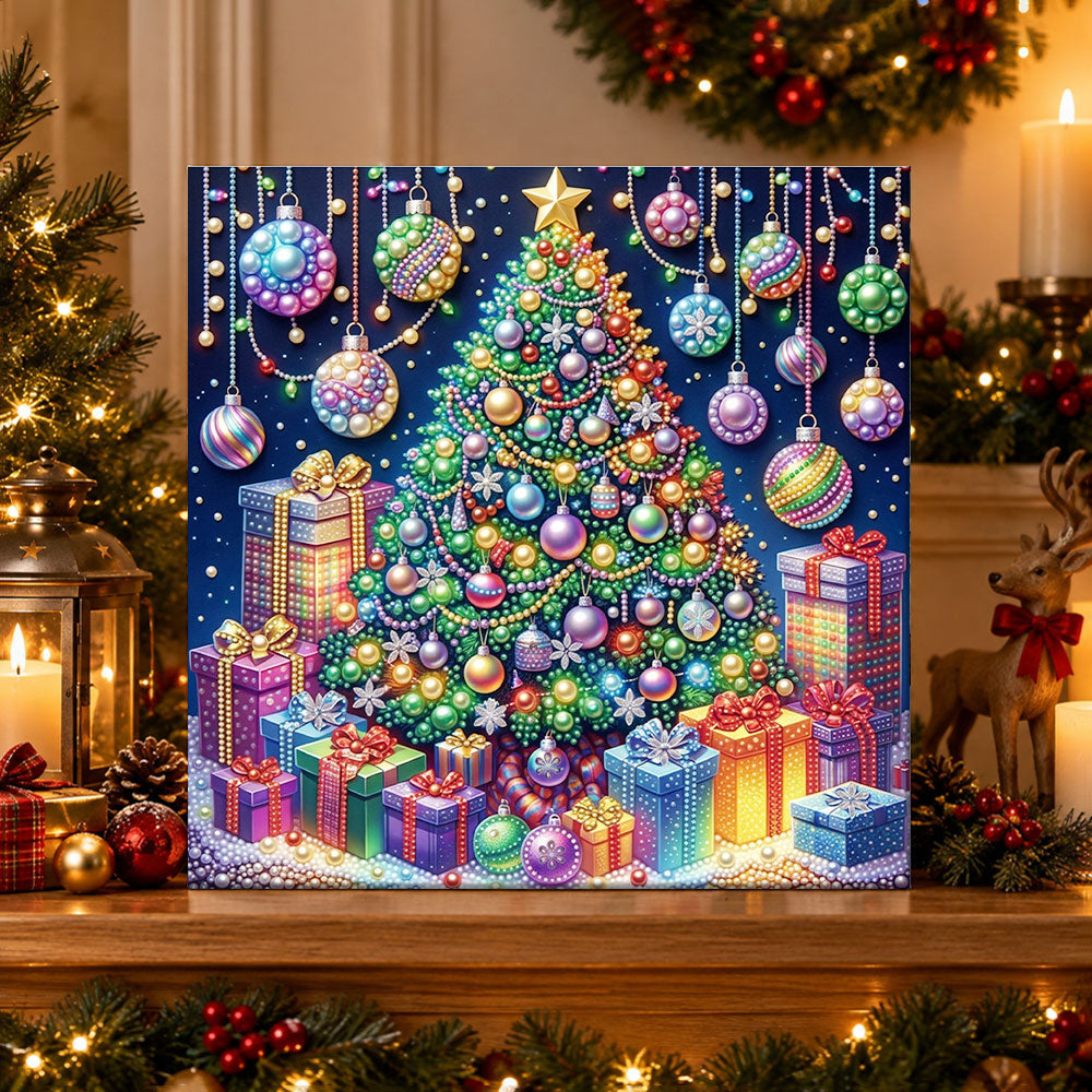 Finished colorful christmas tree with gifts pearl diamond painting artwork displayed as holiday home decor