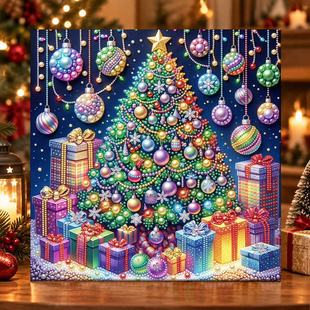 Colorful christmas tree with gifts pearl diamond painting kit for beginners