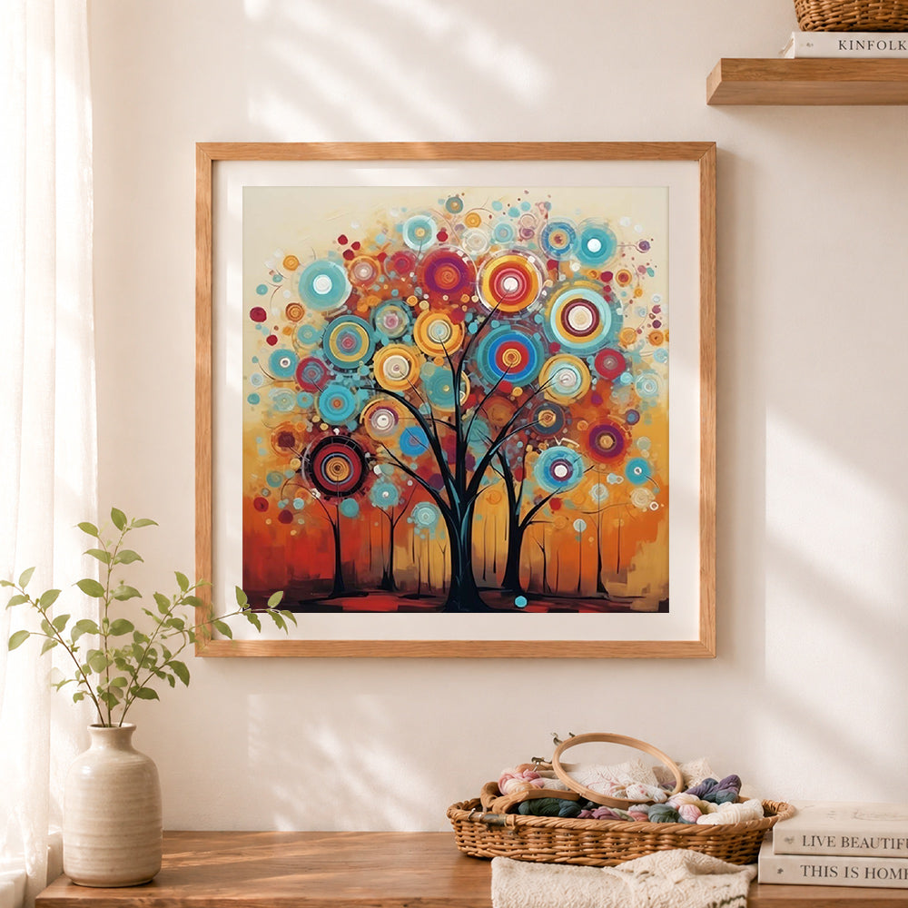 Finished colorful circle tree art cross stitch artwork displayed as home decor