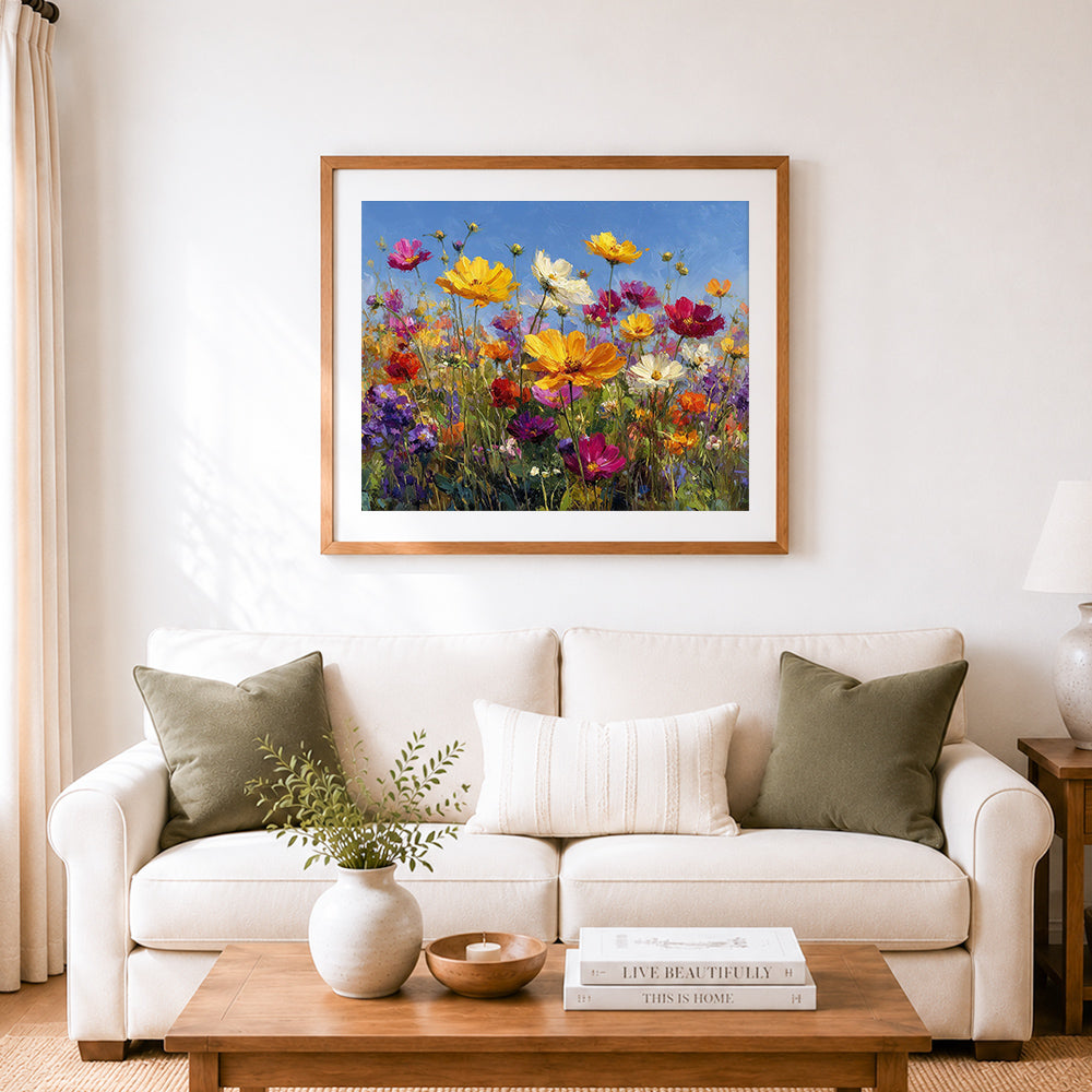 Finished colorful cosmos wildflowers under blue sky cross stitch artwork displayed as home decor