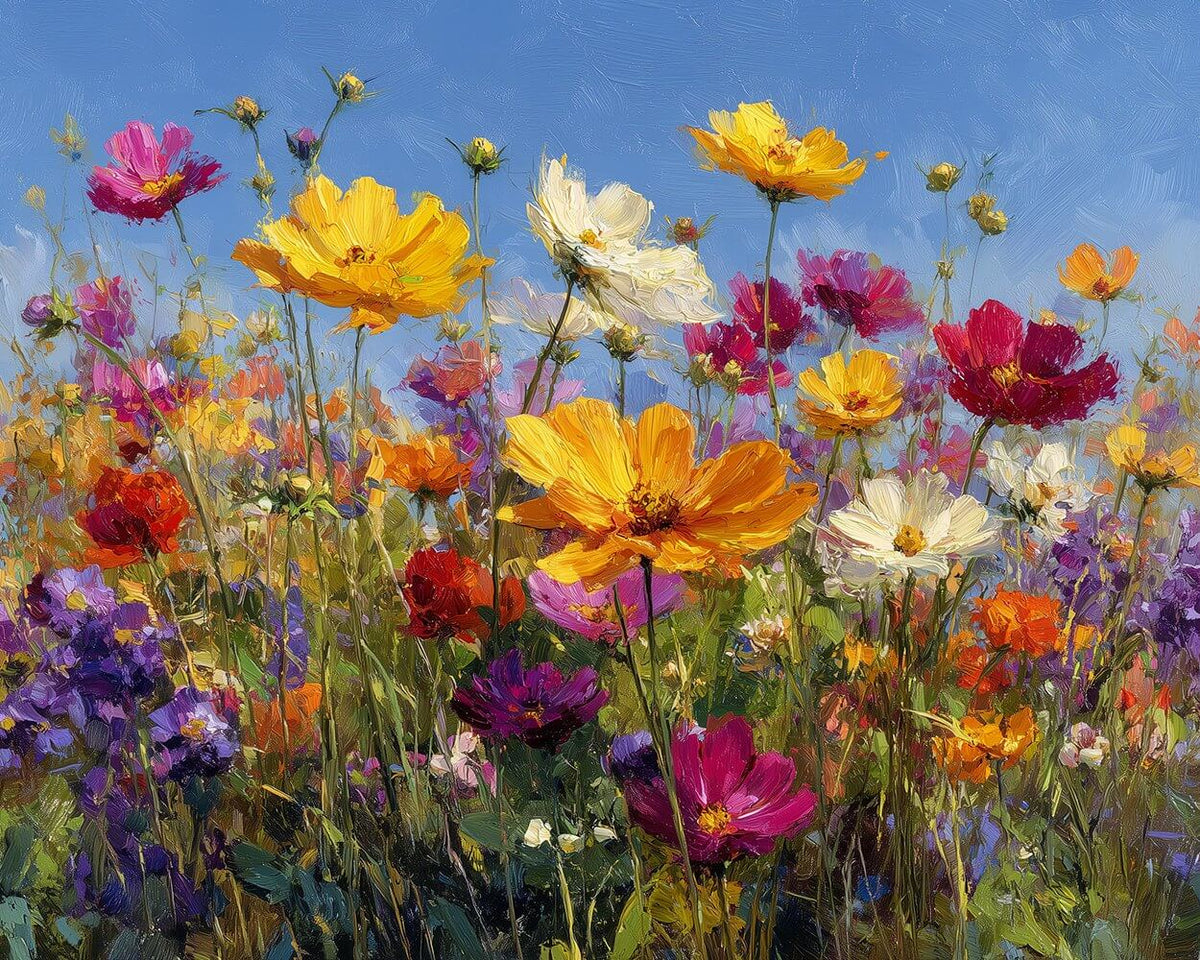 Colorful cosmos wildflowers under blue sky cross stitch kit for beginners