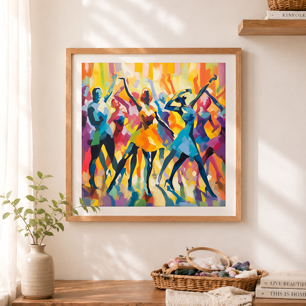 Finished colorful crowd dance party art cross stitch artwork displayed as home decor