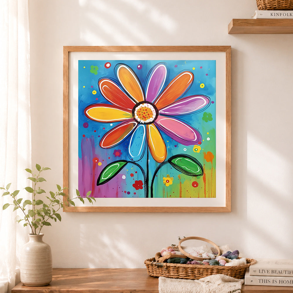 Finished colorful daisy with white outlines cross stitch artwork displayed as home decor