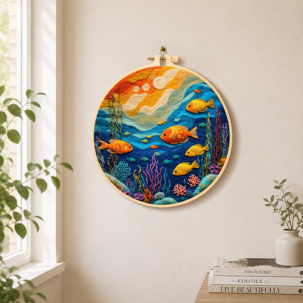 Colorful deep-sea fish needle felt wall art displayed in a bright home interior