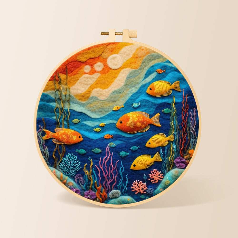 Colorful deep-sea fish needle felting kit for beginners with a round wooden frame