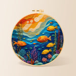 Colorful deep-sea fish needle felting kit for beginners with a round wooden frame
