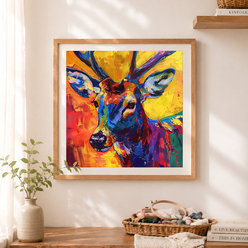 Finished colorful deer cross stitch artwork displayed as home decor