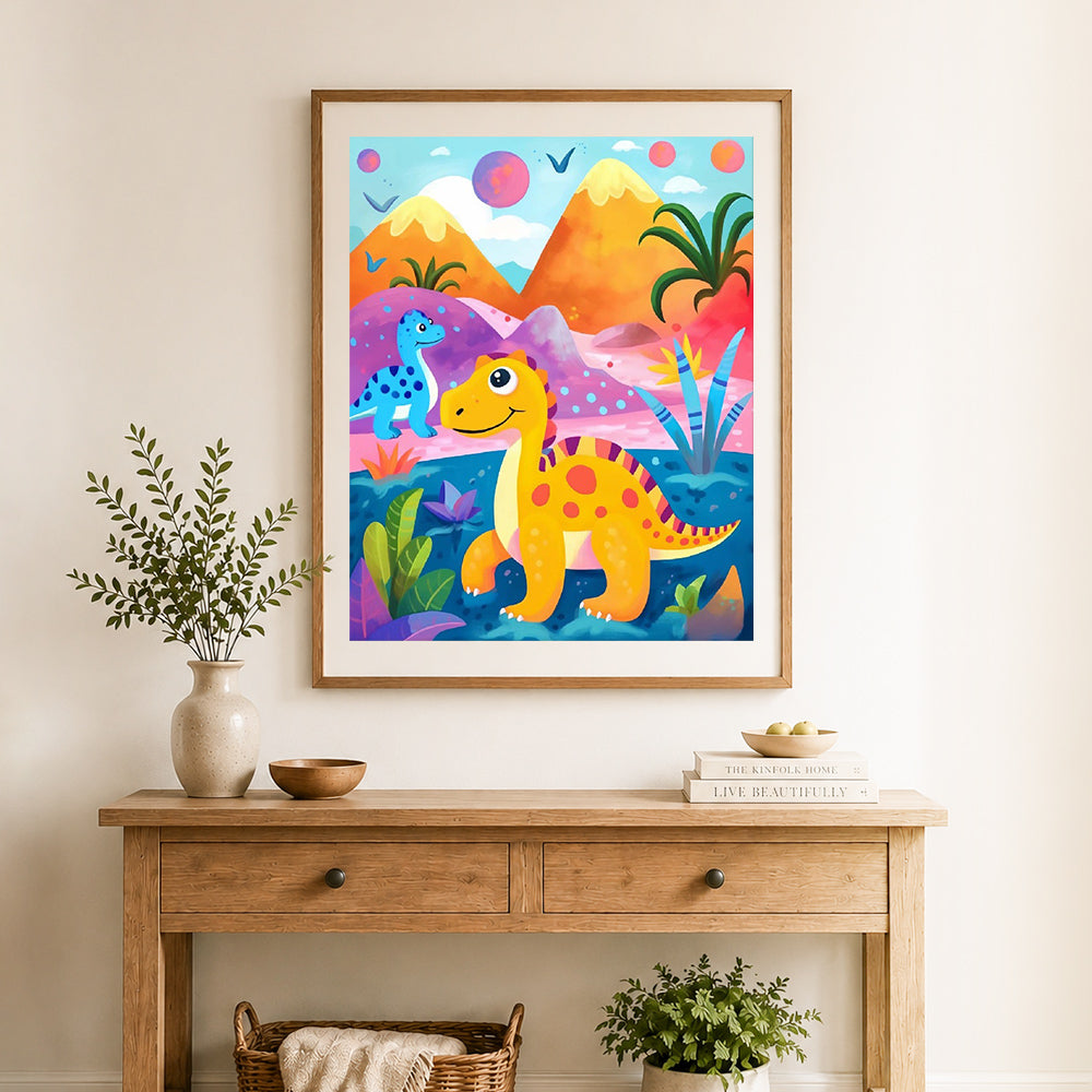 Finished colorful dino world cross stitch artwork displayed as home decor