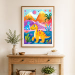 Finished colorful dino world cross stitch artwork displayed as home decor