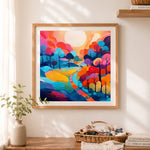 Finished colorful dreamy tree hill cross stitch artwork displayed as home decor