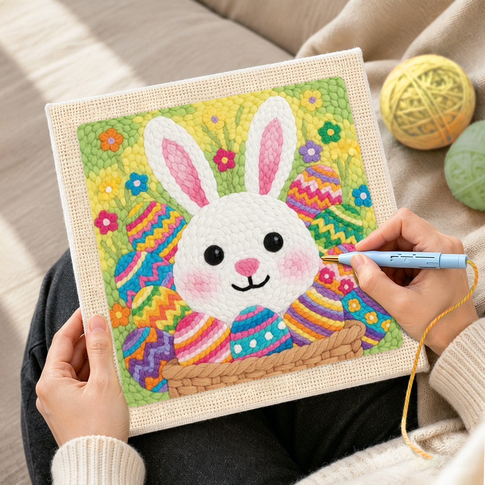 Creating handmade colorful easter egg bunny punch needle artwork