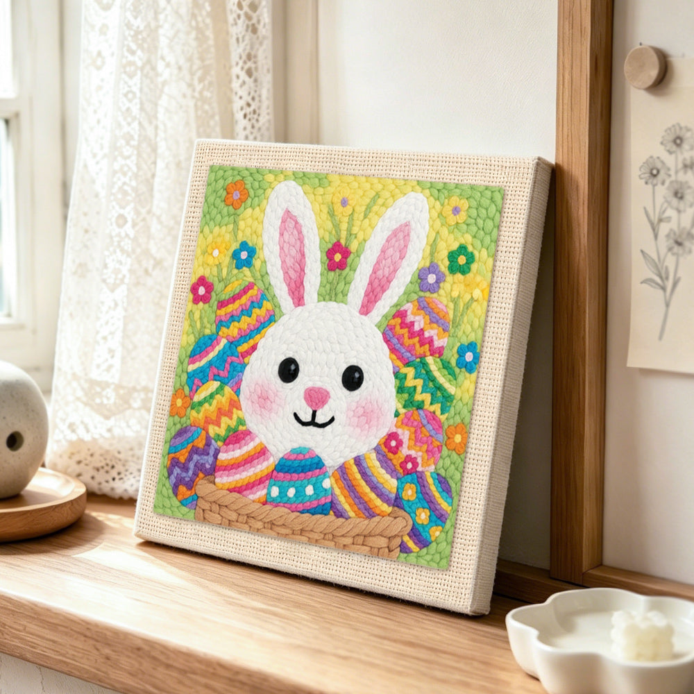 Colorful easter egg bunny punch needle artwork displayed on a table