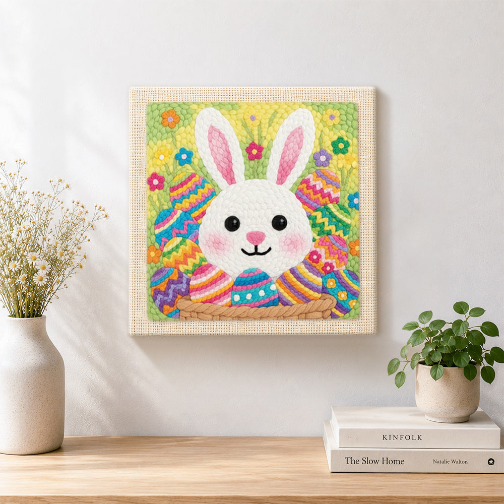Finished colorful easter egg bunny artwork displayed on a wall