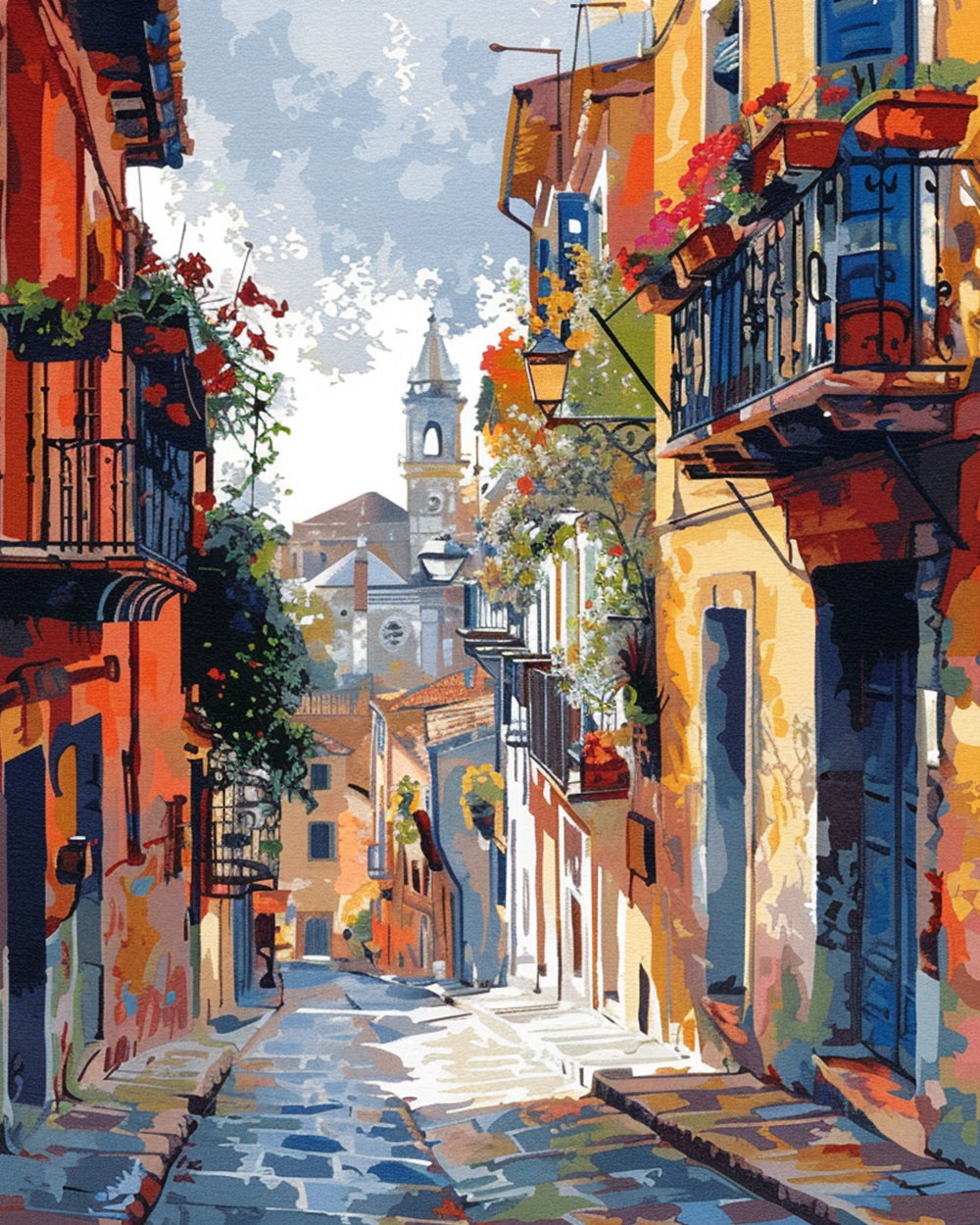 Colorful european village street with church cross stitch kit for beginners