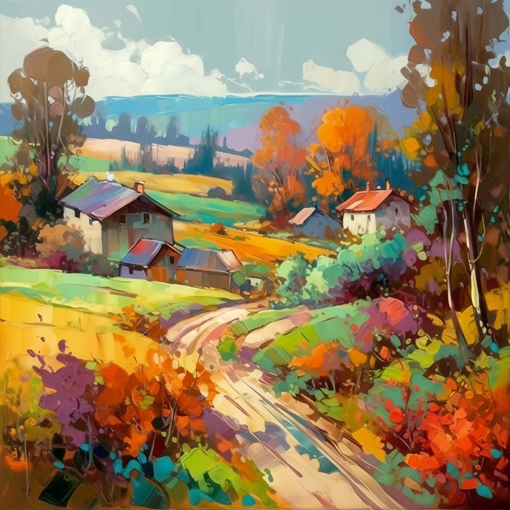 Colorful fall mountain hamlet cross stitch kit for beginners