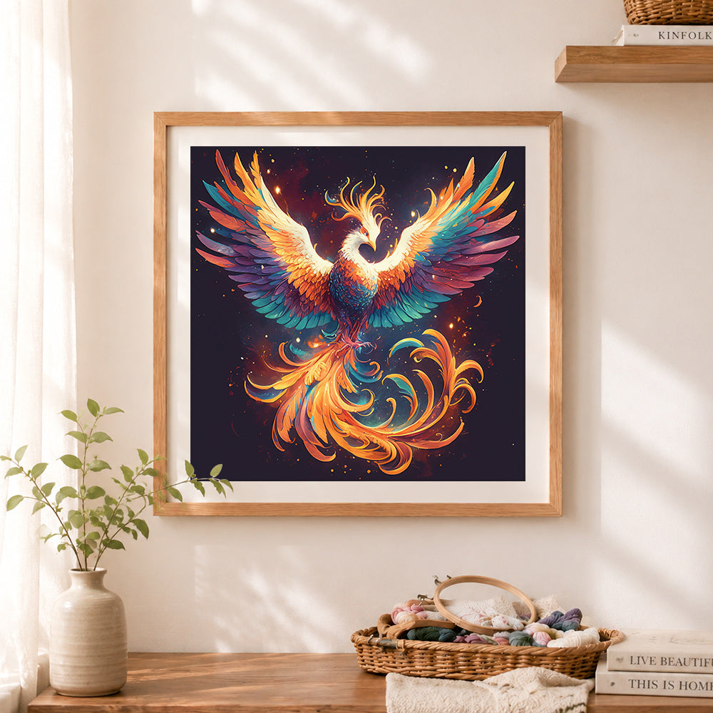 Finished colorful fantasy phoenix cross stitch artwork displayed as home decor