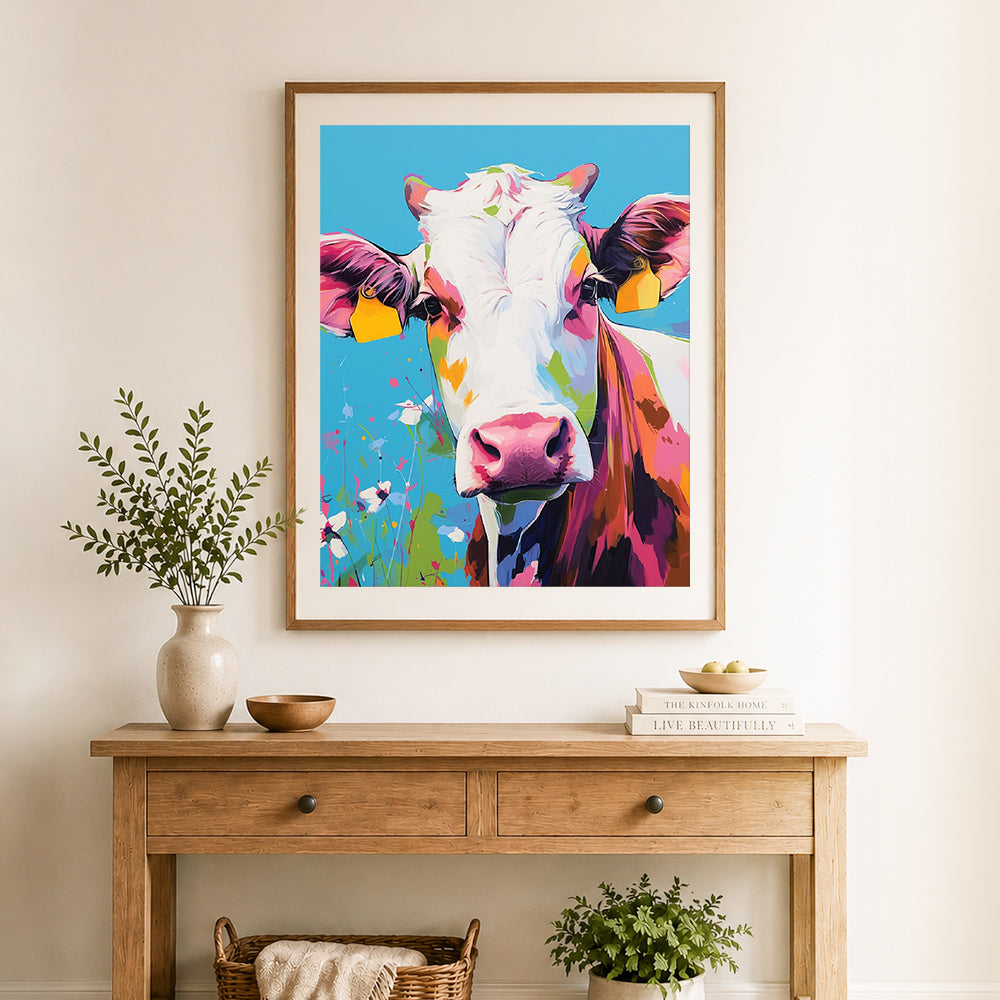 Finished colorful farm cow cross stitch artwork displayed as home decor
