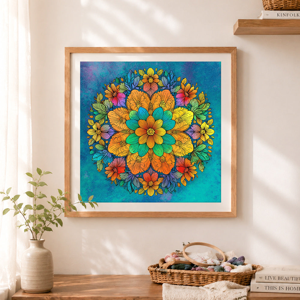 Finished colorful floral mandala art cross stitch artwork displayed as home decor