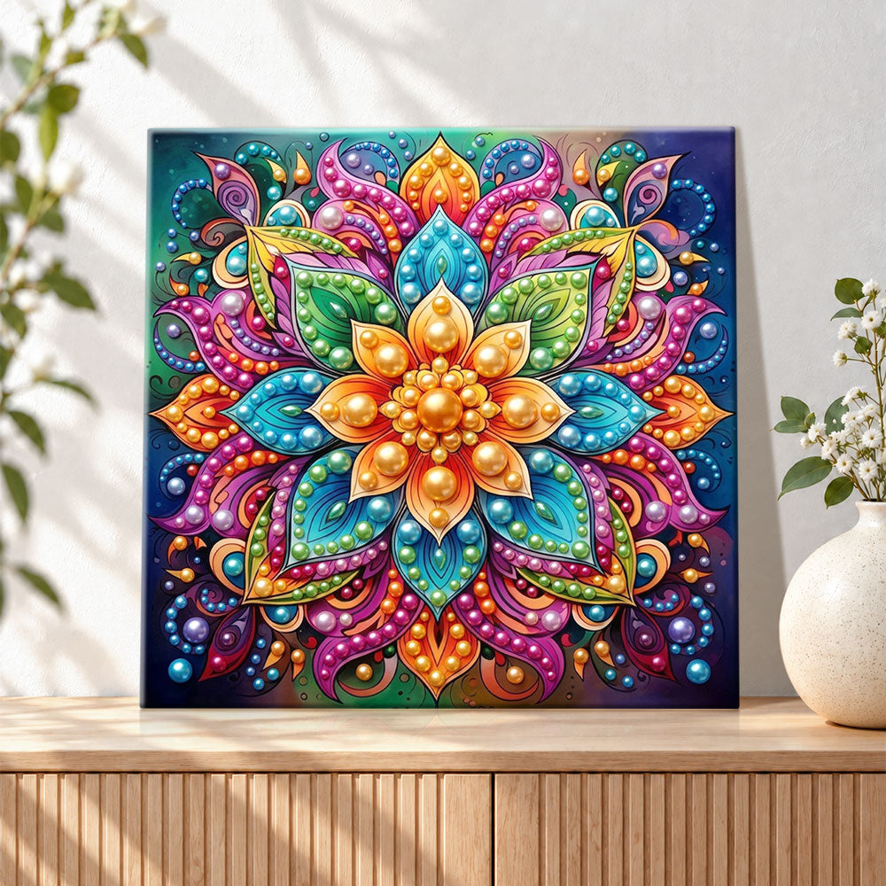 Finished colorful floral mandala pearl diamond painting artwork displayed as holiday home decor